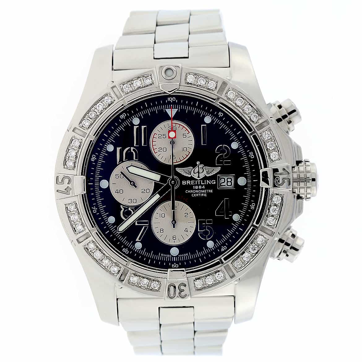 Breitling Super Avenger Chronograph Black Dial 48MM Automatic Stainless Steel Mens Watch with Custom Diamond Bezel A13370