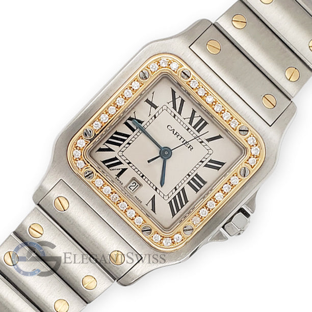Cartier Santos Galbee 29mm Diamond Bezel Silver Dial Yellow Gold/Steel
