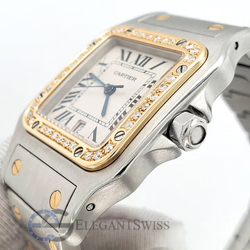 Cartier Santos Galbee 29mm Diamond Bezel Silver Dial Yellow Gold/Steel Watch 1566