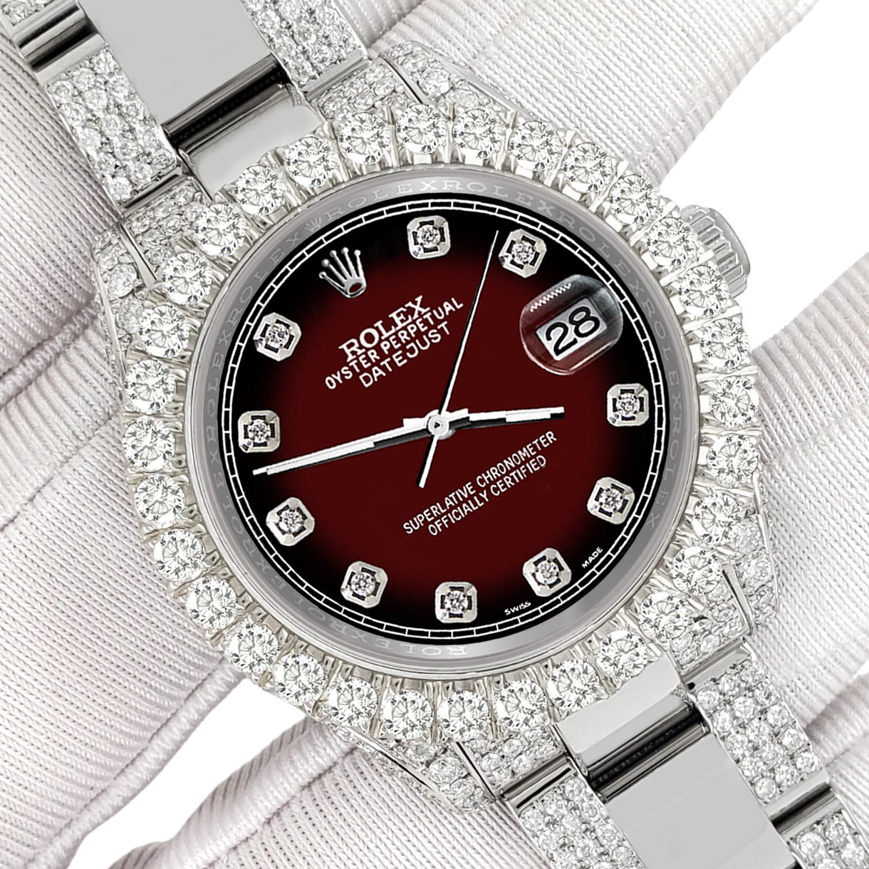 Rolex Datejust 31mm Pave 7.2ct Iced Diamond Maroon Vignette Track Watc