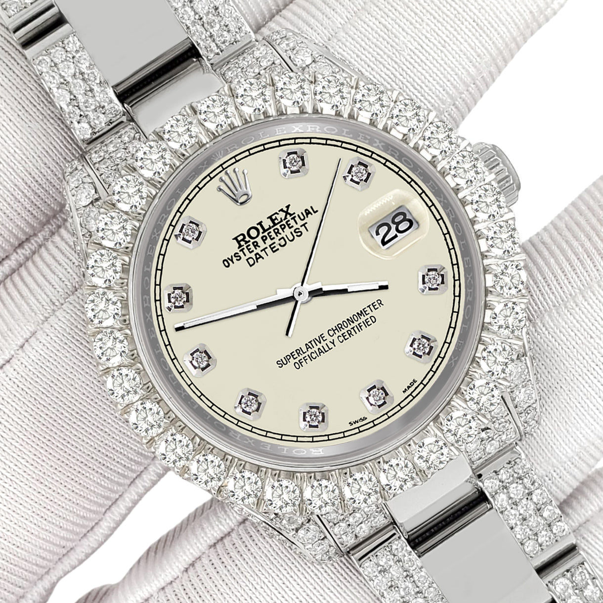 Rolex Datejust 31mm Pave 7.2ct Iced Diamond Satin Linen Track Watch 17