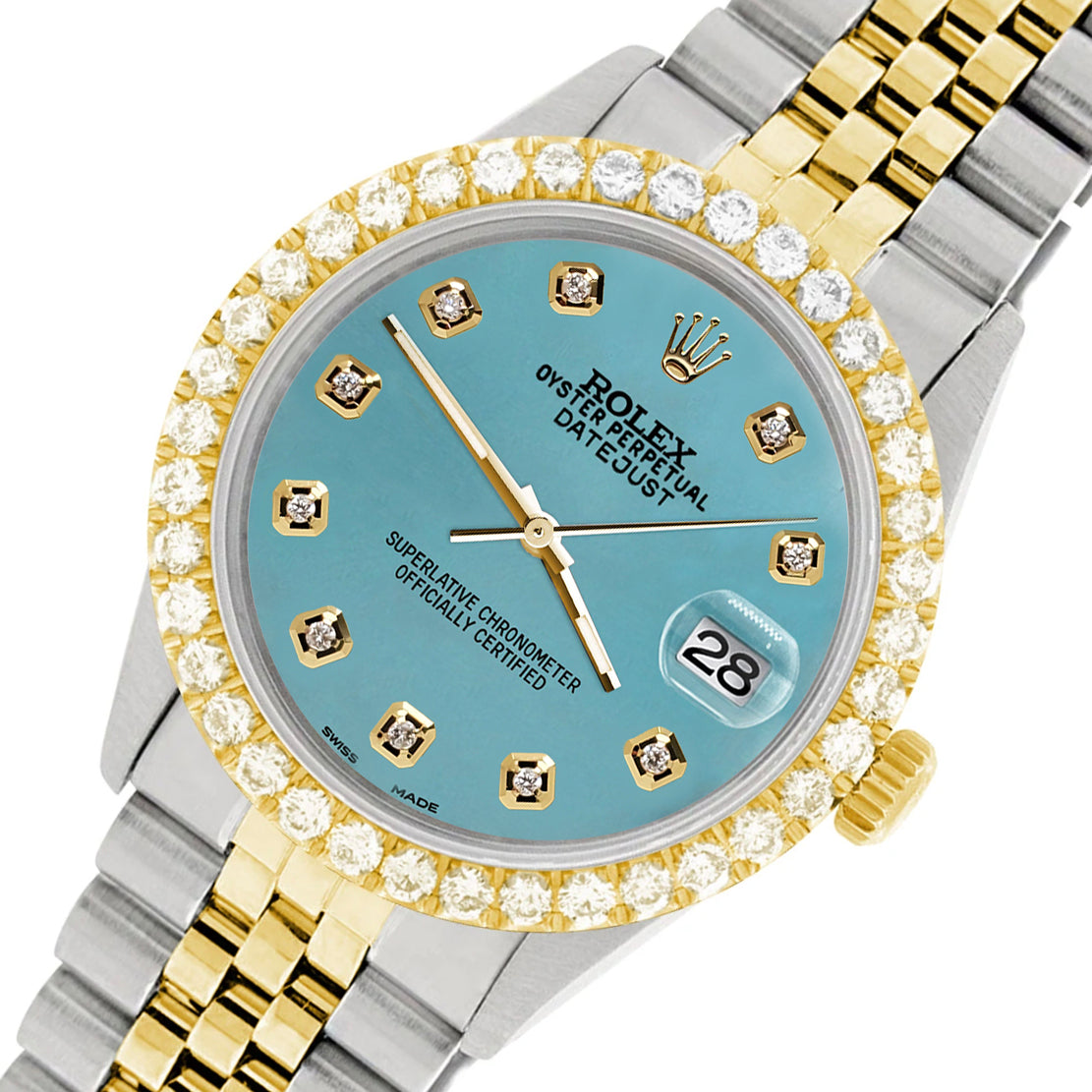 Rolex Datejust 36mm 2 Tone Watch 3.05ct Diamond Bezel Turquoise Diamon