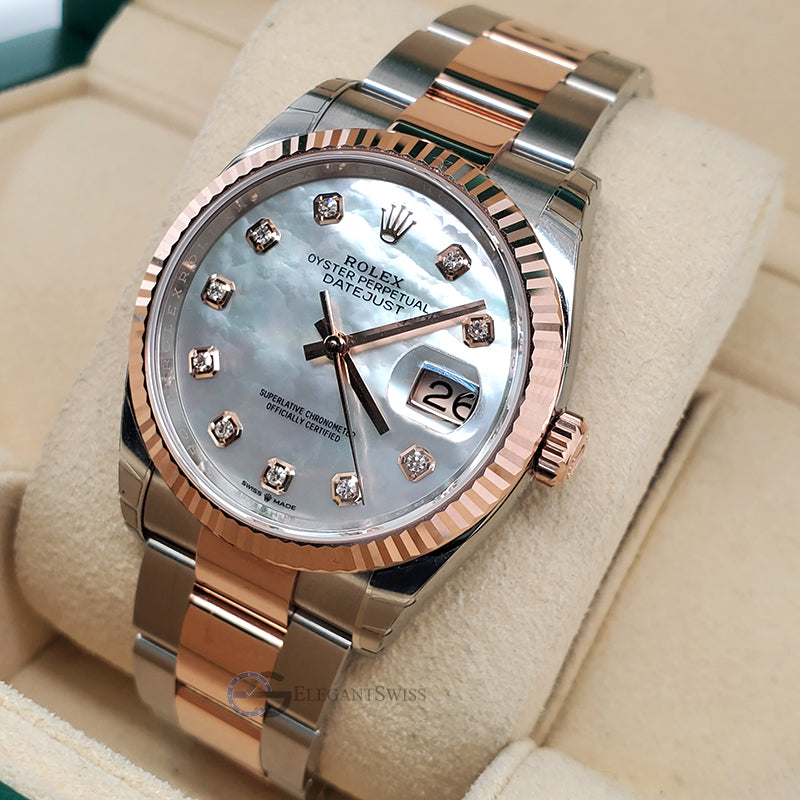 Rolex Datejust 36mm Two-Tone Rose Gold/Steel Rolesor Watch Fluted Bezel White MOP Diamond Dial 126231 Box Papers