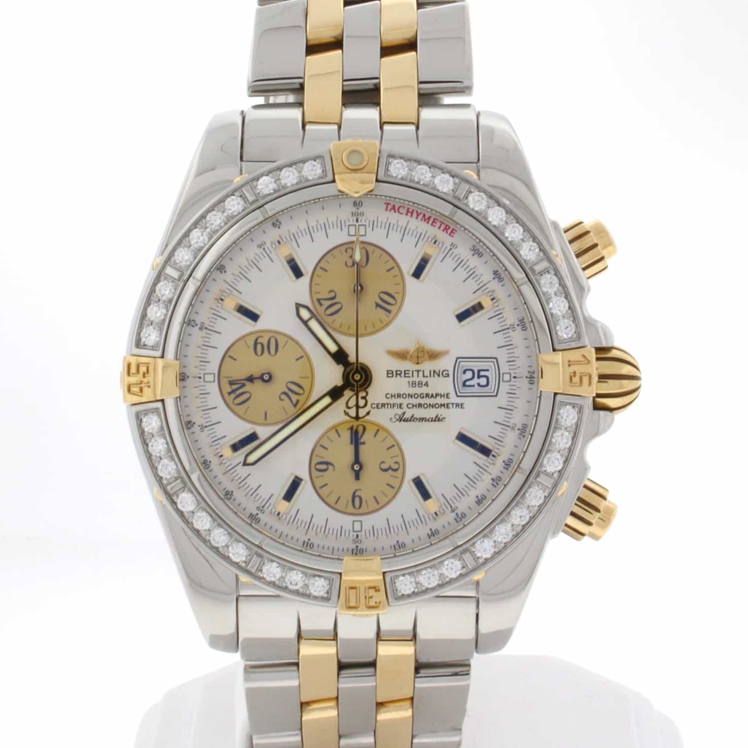 Breitling Chronomat Evolution 2-Tone Yellow Gold Stainless Steel Original Diamond Bezel Mens Watch B13356