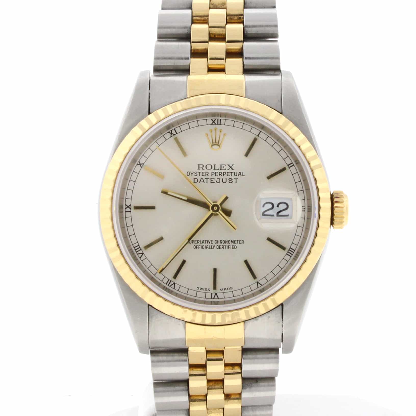 Rolex Datejust 2 Tone 18K Yellow Gold Stainless Steel Silver Dial 36MM Automatic Mens Watch R16233