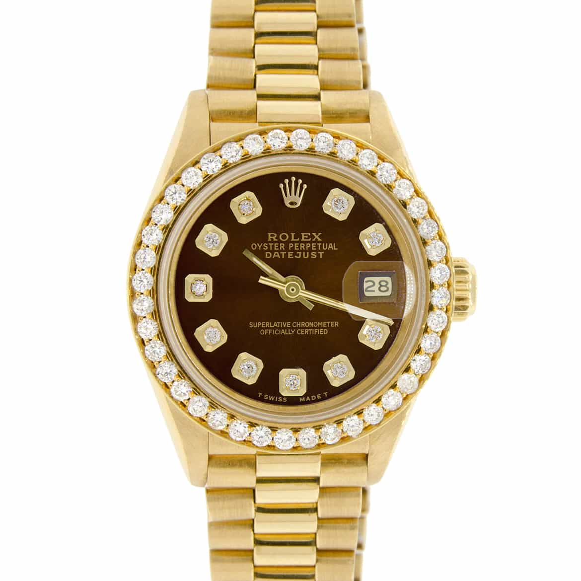 Ladies 18K Gold and Diamond Rolex President, Original Box and Tags