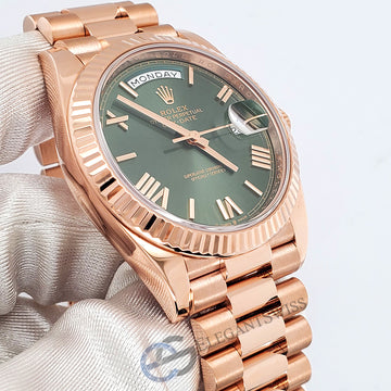 Rolex Day-Date 40mm 228235 Rose Gold Fluted Bezel Olive Green Bevelled Roman Dial Watch 2019 Box Papers