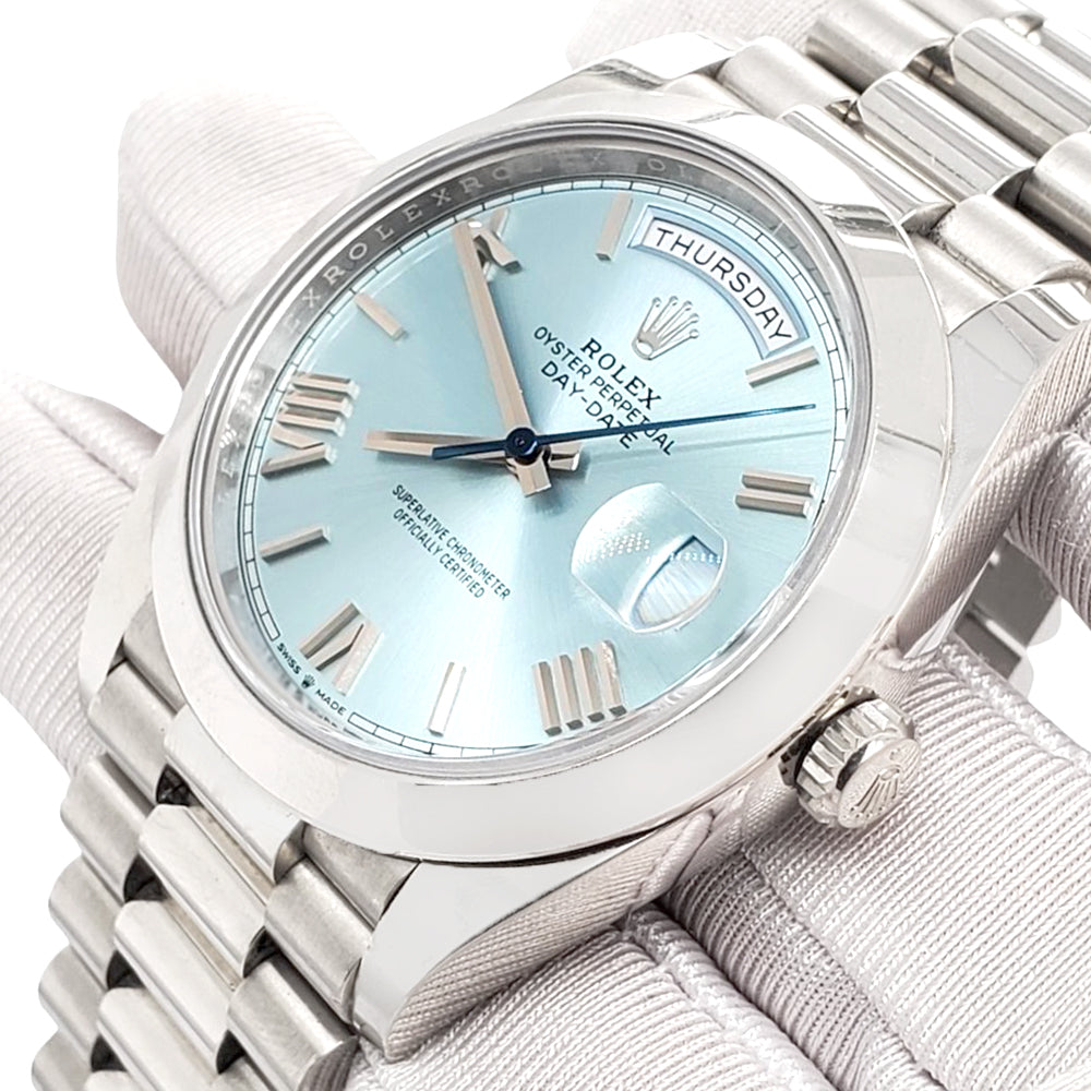Rolex President Day-Date II 41mm Glacier Ice Blue Roman Concentric Dial  Platinum 218206 Box Papers