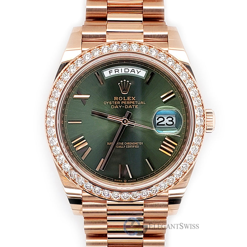 Rolex Unworn Rose Gold President Day-Date 40mm Factory Diamond Bezel/Olive  Green Bevelled Roman Dial 228345RBR OGRP Watch 2021 Box Papers