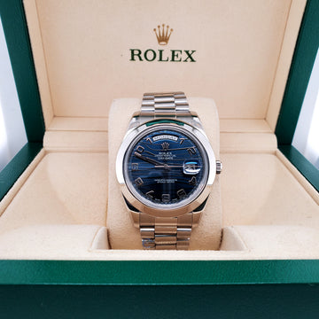 Rolex President Day-Date II 41mm Platinum Blue Wave Arabic Dial 218206 Box Papers