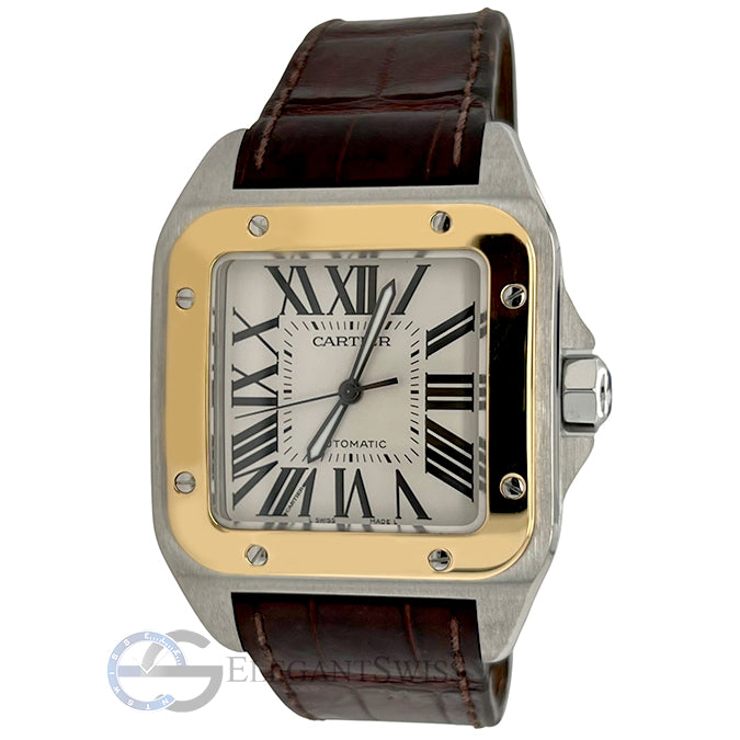 Cartier Santos 100 Steel Yellow Gold 38mm Silver White Dial Mens Watch