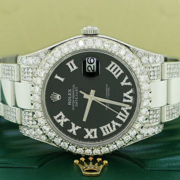 Rolex Datejust II 41mm 7.63CT Diamond Bezel/Lugs/Bracelet/Black Roman Dial 116300 Watch Box Papers