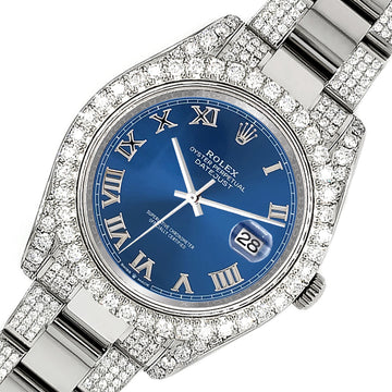 Rolex Datejust II 41mm 10.3CT Pave Diamond Bezel/Case/Bracelet/Blue Roman Dial Steel Watch 116300 Box Papers