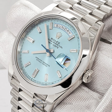 Rolex President Day-Date 228206 40mm Ice Blue Baguette Diamond Dial Platinum Watch Box Papers