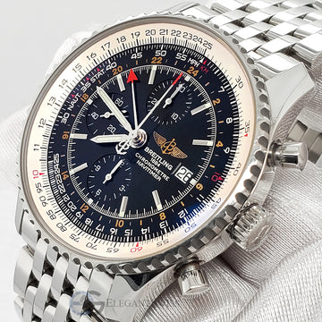 Breitling Navitimer World 46mm Chronograph GMT Black Dial Steel Watch A24322 Box Papers