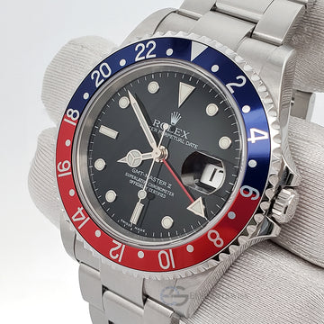 Rolex GMT-Master II 40mm Pepsi Bezel Black Dial Stainless Steel Watch 16710 Box Papers