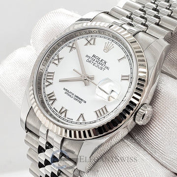 Rolex Datejust 36mm White Roman Dial White Gold Fluted Bezel Steel Jubilee Watch 116234 Box Papers