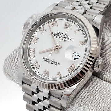 Rolex Datejust 36mm 126234 White Roman 18k Fluted Bezel Steel Jubilee Watch 2022 Box Papers