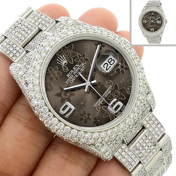 Rolex Datejust 36mm 116200 Pave 16.9CT Diamond Bezel/Case/Bracelet/Rhodium Floral Dial Watch Box Papers