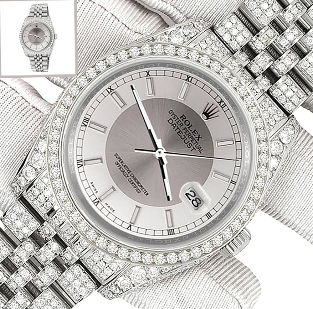 Rolex Datejust 36mm Pave 10.2ct Iced Diamond Silver Tuxedo Dial Jubilee Watch 116200 Box Papers
