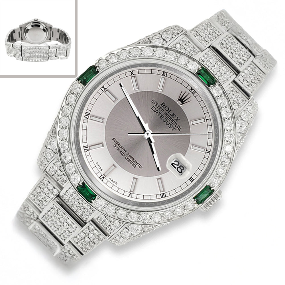 Rolex Datejust 36mm 116200 12.4CT Diamond Emeralds Bezel/Case/Bracelet/Silver Tuxedo Dial Steel Watch Box Papers