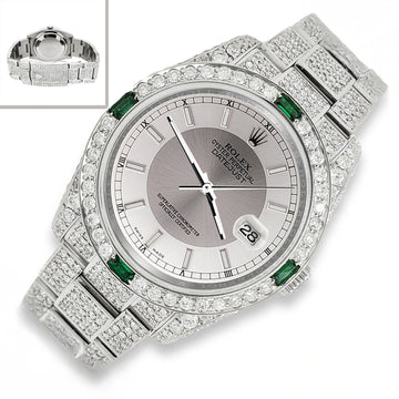 Rolex Datejust 36mm 116200 12.4CT Diamond Emeralds Bezel/Case/Bracelet/Silver Tuxedo Dial Steel Watch Box Papers