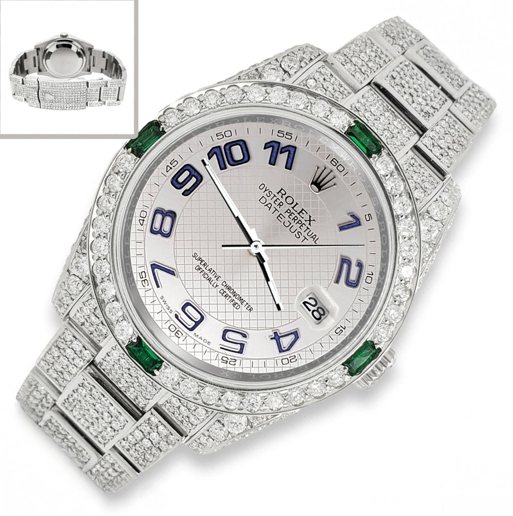 Rolex Datejust 36mm 116200 12.4CT Diamond Emeralds Bezel/Case/Bracelet/Silver Decorated Blue Arabic Dial Steel Watch Box Papers