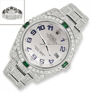 Rolex Datejust 36mm 116200 12.4CT Diamond Emeralds Bezel/Case/Bracelet/Silver Decorated Blue Arabic Dial Steel Watch Box Papers