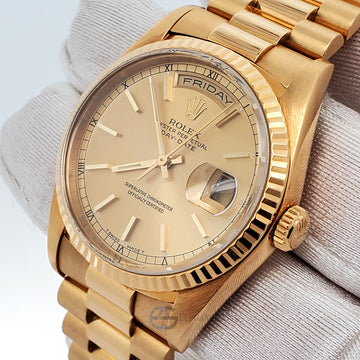 Rolex President Day-Date 36mm 18238 Factory Champagne Stick Dial Double-Quick Yellow Gold Watch