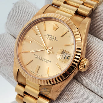 Rolex President Datejust 31mm Champagne Stick Dial Yellow Gold Watch 68278 Box Papers