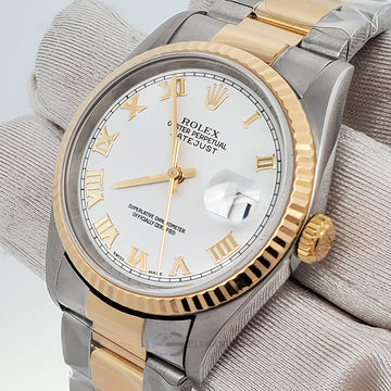 Rolex Datejust 16233 36mm White Roman Dial Yellow Gold And Steel Oyster Watch Box Papers