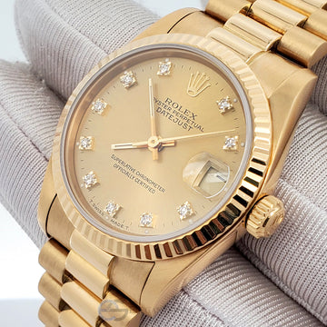 Rolex President Datejust Midsize 31mm Factory Champagne Diamond Dial Yellow Gold 68278 Watch