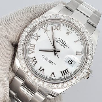 2021 Rolex Datejust 41 126300 White Roman 2.4CT Diamond Bezel Steel Oyster Watch Box Papers