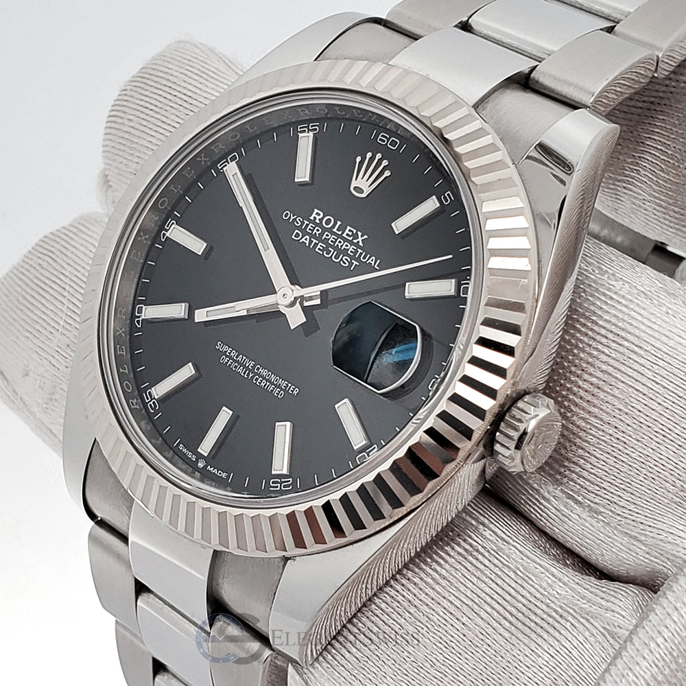 Rolex Datejust 41 Black Index Dial White Gold Fluted Bezel Watch 12633