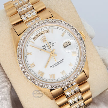 Rolex President Day-Date 36mm Diamond Bezel/Lugs/White Roman Dial Yellow Gold 18038 Watch