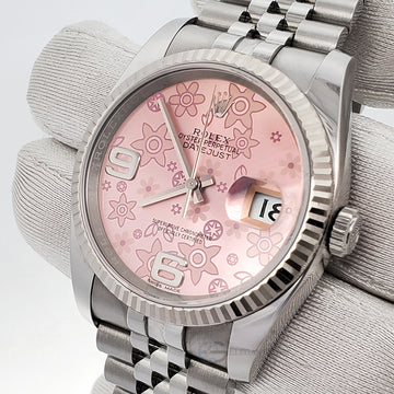 Rolex Datejust 36mm Pink Floral Motif Dial White Gold Fluted Bezel Steel Jubilee Watch 116234 Box Papers