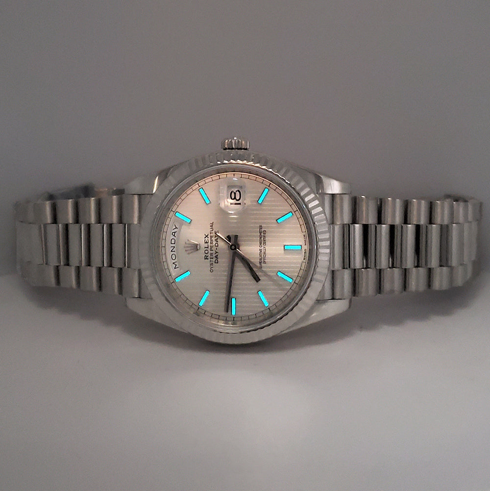 2017 Rolex President Day-Date Silver Stripe Motif Dial White Gold 40mm Watch 228239 Box Papers