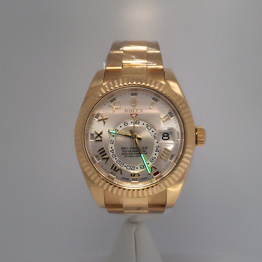 Rolex Sky-Dweller Yellow Gold 326938 Silver Sunray Roman Dial 42mm Oyster Watch