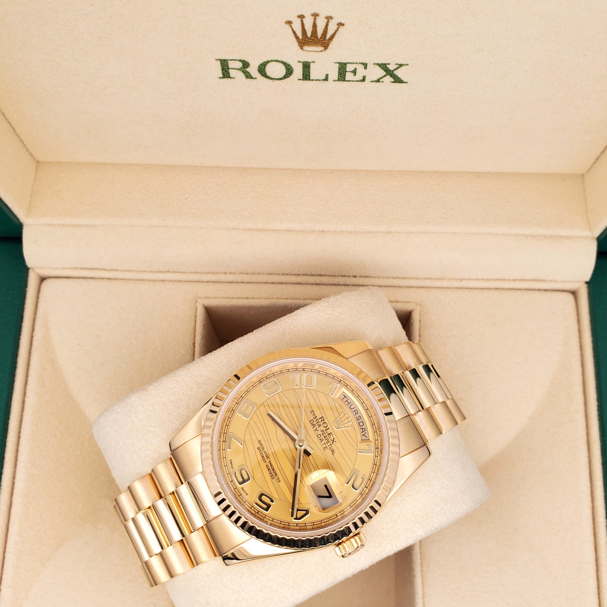 Rolex President Day-Date 36 Champagne Wave Arabic Dial Yellow Gold Watch 118238