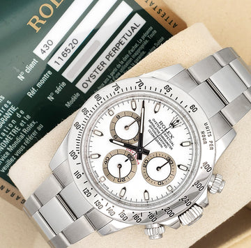 Rolex Cosmograph Daytona 40mm White Dial Steel Watch 116520 Box Papers