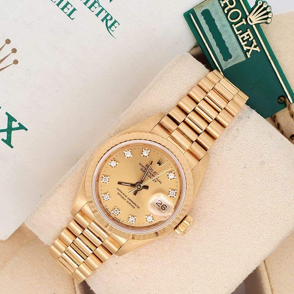 Rolex President Datejust 26mm Factory Diamond Yellow Gold Ladies Watch 69178 Box Papers