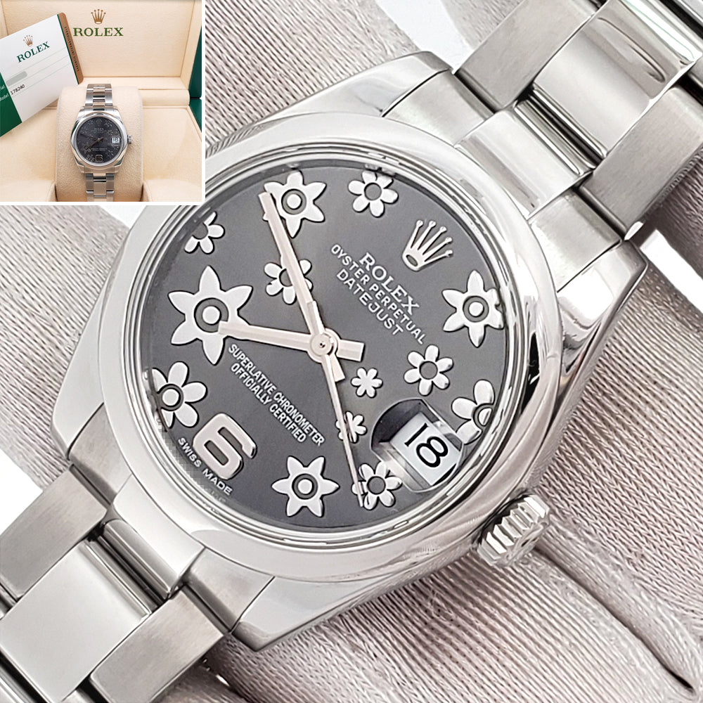 Rolex Datejust Midsize 31mm Rhodium Floral Dial Steel Oyster Watch 178240 Box Papers
