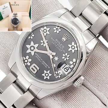 Rolex Datejust Midsize 31mm Rhodium Floral Dial Steel Oyster Watch 178240 Box Papers