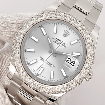 Rolex Datejust II 41mm 6.25ct Dome Diamond Bezel/Silver Index Dial Steel Watch 116300 Box Papers