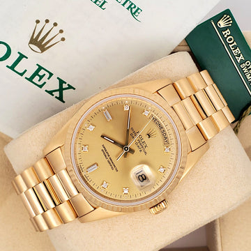 Rolex President Day-Date 36mm Factory Diamond Dial Double-Quick Yellow Gold Watch 18238 Box Papers