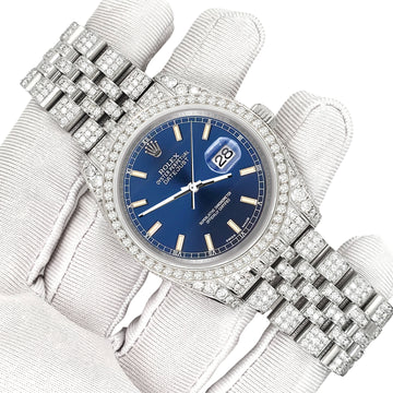 Rolex Datejust 36mm Pave 10.2ct Iced Diamond Blue Index Dial Jubilee Watch 116200 Box Papers