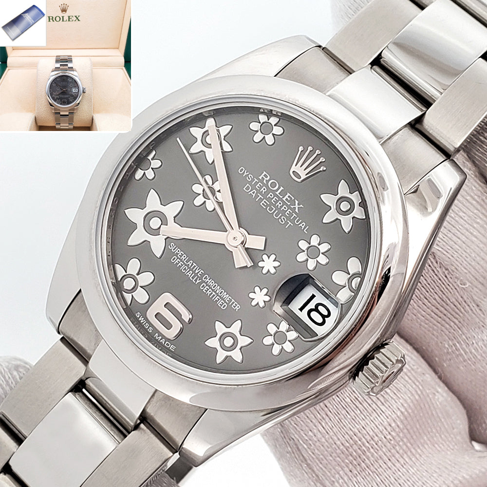 Rolex Datejust Rhodium Floral Dial Steel Oyster Midsize 31mm Watch 178240