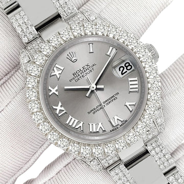 Rolex Datejust 31mm Silver Roman Pave 7.2ct Iced Diamond Watch 178240