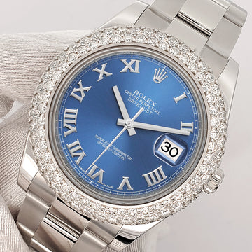 Rolex Datejust II 41mm 6.25ct Dome Diamond Bezel/Blue Roman Dial Steel Watch 116300 Box Papers