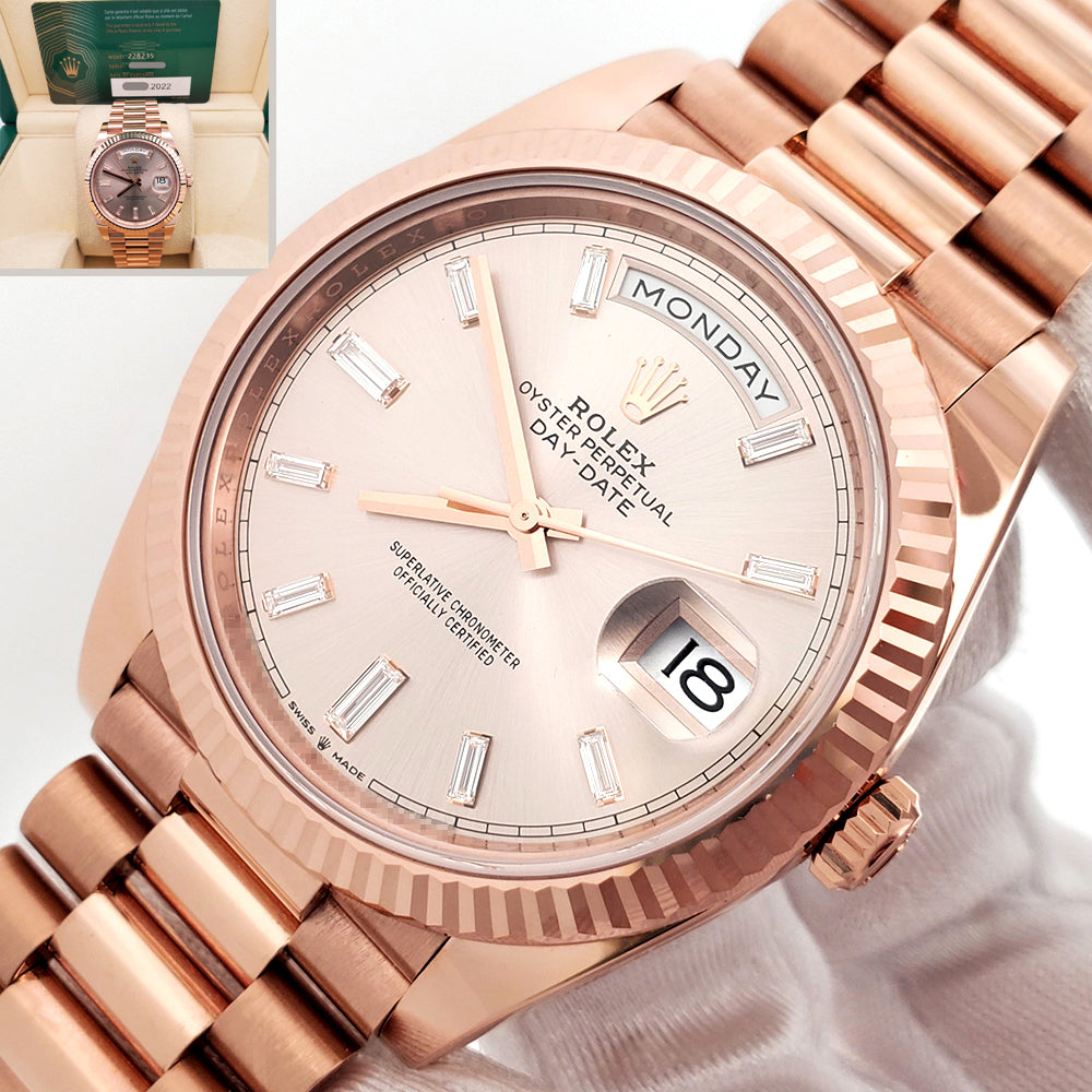 2022 Rolex Day-Date Factory Sundust Baguette Diamond Dial Rose Gold Fluted Bezel 40mm Watch Box Papers 228235